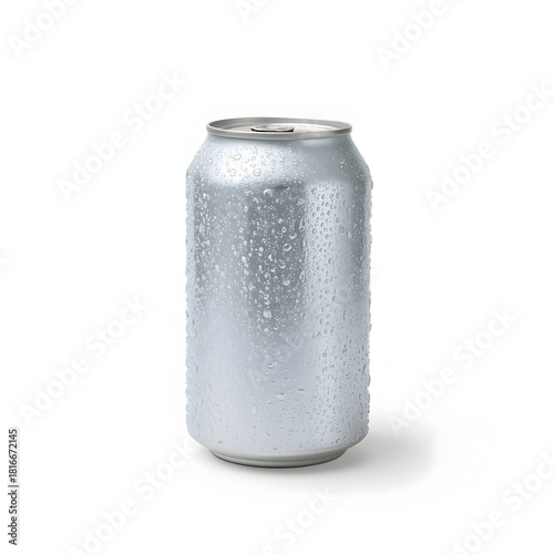 Silver soda can with water droplets on white background