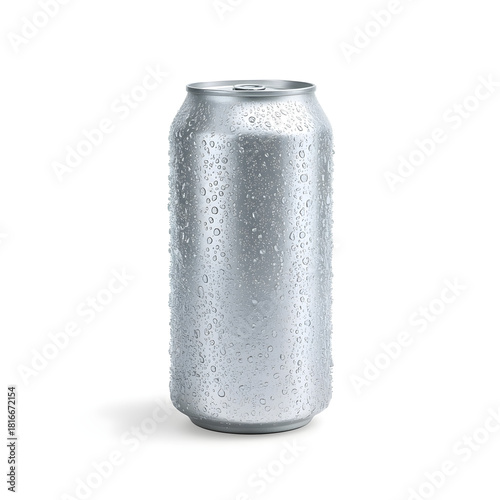 Blank silver aluminum beverage can with cold condensation water droplets isolated on white background