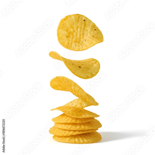 Stack of four golden potato chips with three crispy slices floating above on white background