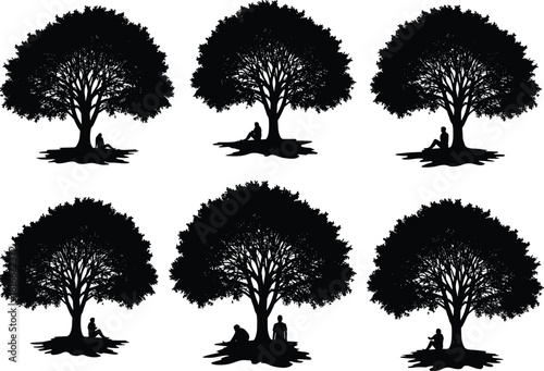 Silhouette peaceful person sitting under large leafy tree, relaxing outdoors in nature, calm resting scene for creative artwork and vector design