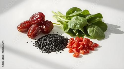 Raw medjool dates, goji berries, black sesame seeds, and fresh spinach leaves on white background