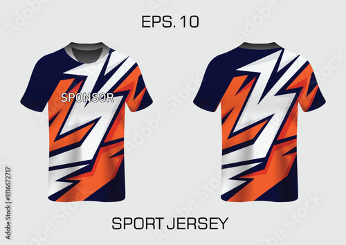 Dynamic Sport Jersey Design Featuring Bold Orange, Blue, and White Lightning Patterns