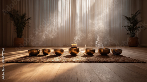 Serene sound healing space with singing bowls and natural light. A tranquil setting with singing bowls and soft light creates a peaceful atmosphere for meditation and relaxation