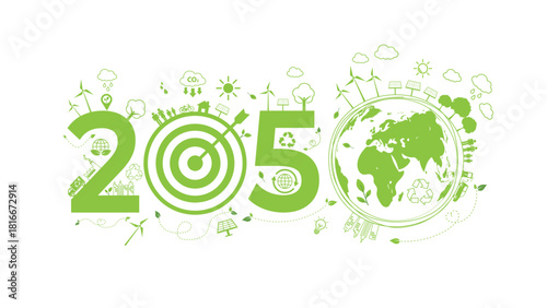 A green 2050 net-zero carbon concept, Renewable energy, eco-technology, recycling icons, global climate actions promoting a sustainable low-emission future for environmental awareness, vector