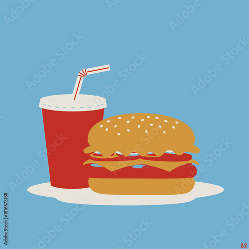 A minimalist flat design illustration of a classic fast-food meal featuring a hamburger with cheese and a red soda cup with a straw on a light blue background.