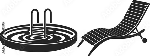 Silhouette of a round swimming pool with steps and a lounge chair water relaxation