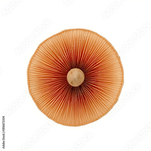 Detailed overhead view of a mushroom cap's underside with intricate orange gills on a clean white background