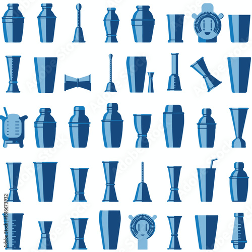 A comprehensive collection of various blue cocktail shakers and bar tools, presented as stylized icons on a white background, showcasing different designs.