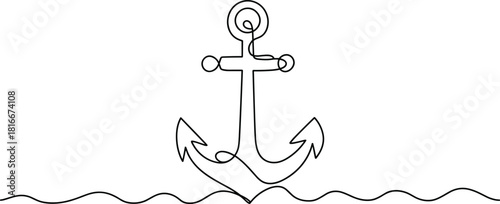 Single line drawing of an anchor in wavy water ocean nautical