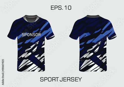 Dynamic Sport Jersey Design Featuring Bold Blue Stripes and Sponsor Branding