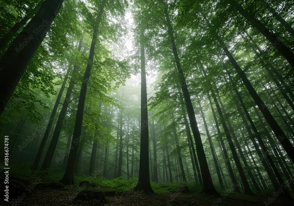 Fototapeta premium A lush green temperate forest featuring tall towering trees reaching skyward beneath a hazy canopy of thick foliage and dappled sunlight ,thick ,growth ,shadow