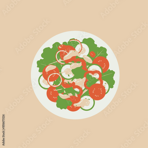 A minimalist, top-down illustration of a fresh garden salad with lettuce, tomatoes, cucumbers, onions, and protein on a white plate.