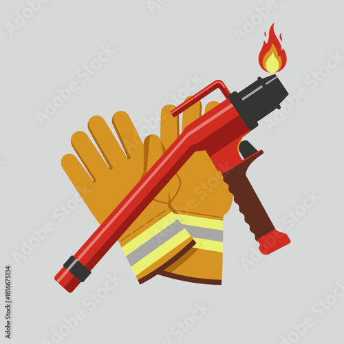 Firefighter gloves and a fire hose nozzle with a flame, representing fire safety and emergency services.