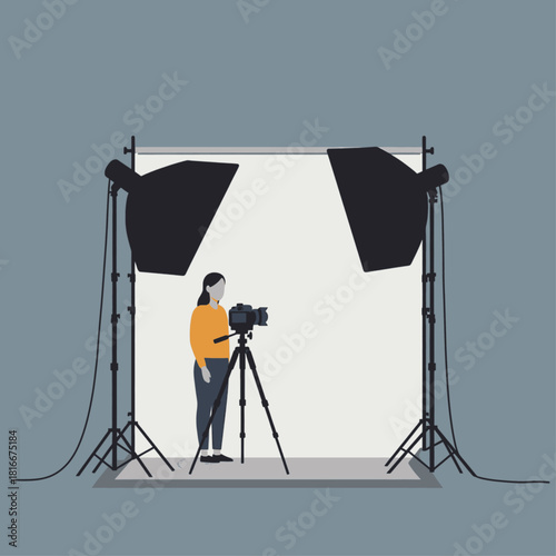 A person being photographed in a professional studio setup with a white backdrop, two softbox lights, and a camera on a tripod.