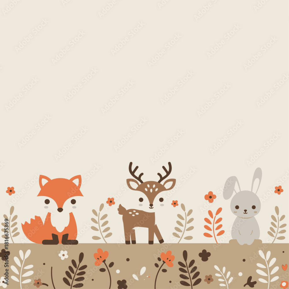 Naklejka premium Cute cartoon forest animals, fox, deer, and rabbit, with plants and flowers.
