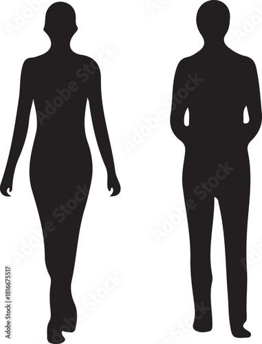 People silhouettes, man standing and woman walking, full body Vector
