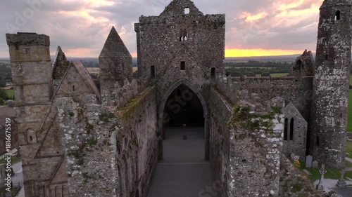 Rock of Cashel, Aerial view at SUnset. Also known as Cashel of the Kings. Located at Cashel, County Tipperary, Ireland.