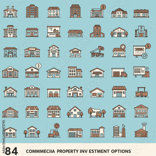 A comprehensive collection of 84 flat design icons depicting various commercial properties and investment options, including offices, shops, warehouses, and residential buildings.
