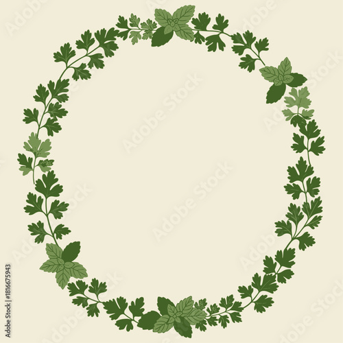 A circular wreath illustration composed of fresh green parsley and mint leaves on a light background, symbolizing nature and culinary herbs.