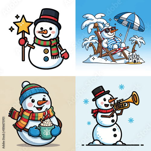 A collection of four cartoon snowmen in various festive and whimsical poses, including a magician, a beachgoer, a hot chocolate drinker, and a musician.