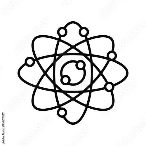 Black and white line art icon representing an atom structure with orbiting electrons isolated on