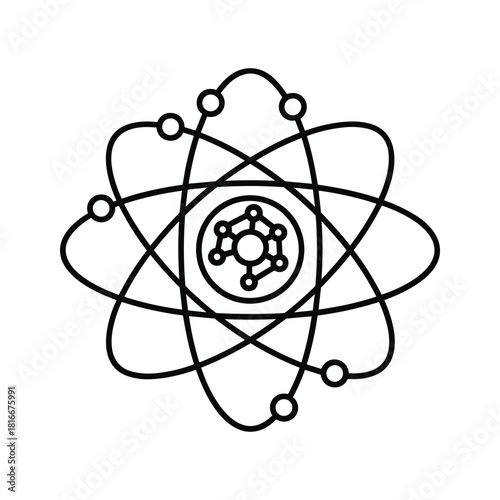 Simple black and white line art icon representing an atom structure with orbiting electrons, isolated on