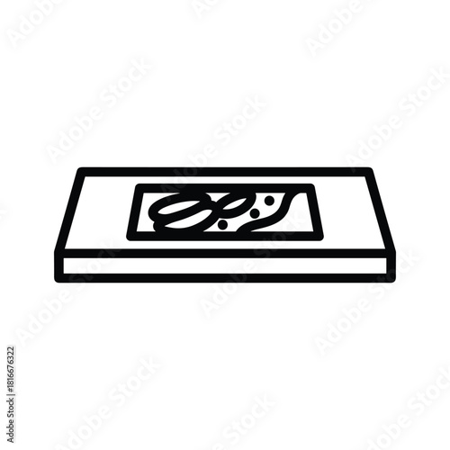 Simple black and white line art icon representing a microscope slide with a sample specimen for scientific analysis or laboratory work