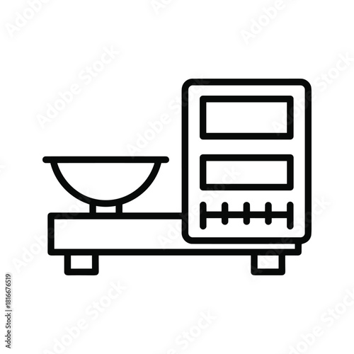 Simple black line icon representing a digital weighing scale with a weighing pan, isolated on