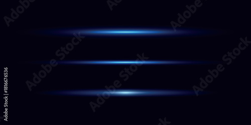 Set of Blue Horizontal Light Flashes with Soft Glow, Lens Flare Streaks, Neon Beam Effects, and Futuristic Shining Highlights on Dark Background for Tech, Sci-Fi, and UI Design
