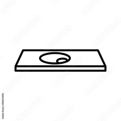 Simple black and white line art icon representing a microscope slide with a specimen sample viewed from a slight angle, isolated on