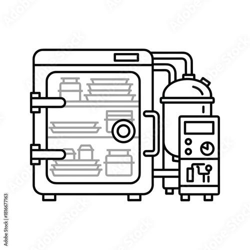 Line art icon of a laboratory vacuum oven with attached pump and control panel, isolated on