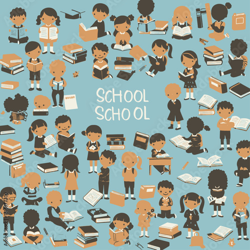 A large collection of diverse cartoon children reading and studying books, depicting various school activities on a blue background.