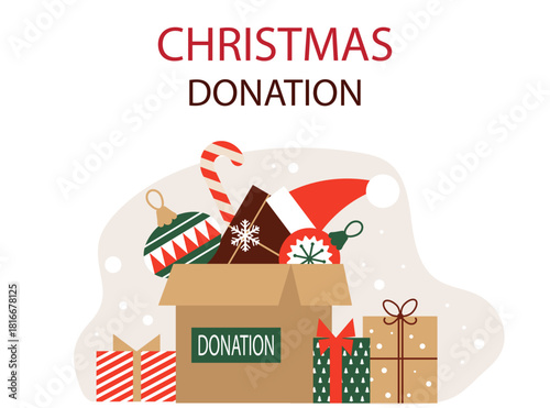 Christmas donation. Vector illustration with a Christmas donation box, gift packages, and holiday decorations. Concept of Christmas volunteering. Isolated