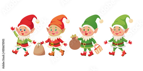 png christmas elf character set with cute dwarf hat cartoon claus helper funny gift decoration children green bag toy celebration retro style isolated icon holiday greeting illustration .vector icon