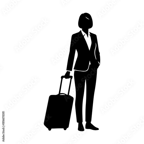 A modern traveler standing with a rolling suitcase. Features clean bold shapes and minimal vector style. Ideal for travel and business themes