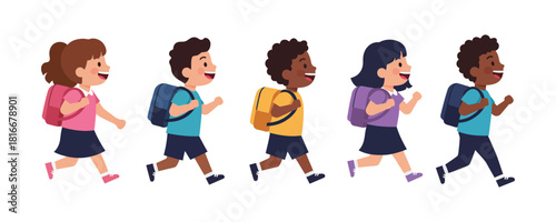Diverse Group of Cheerful Elementary School Children Running With Backpacks
