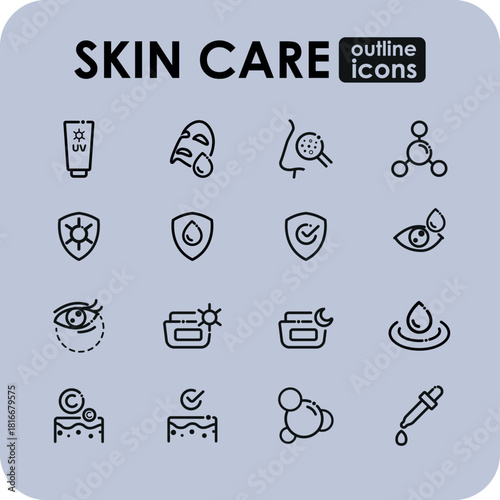 Outline icons set for Skin Care and Dermatology. A collection of minimalist, black and white line art symbols illustrating beauty routine steps, skin science (DNA, layers), and cosmetic product applic