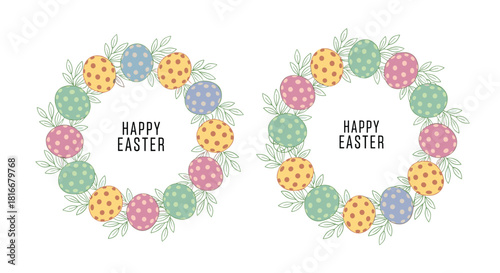 Two beautiful Happy Easter wreaths made from colorful polka-dotted eggs and green leafy branches are shown on a white background.