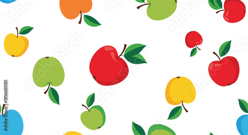 Colorful seamless pattern of fresh apples in red green yellow and blue scattered randomly on a clean simple white background.
