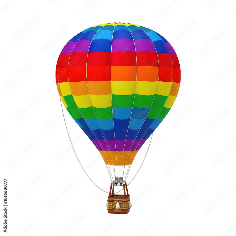 Fototapeta premium Vibrant rainbow striped hot air balloon ascends against a dark backdrop
