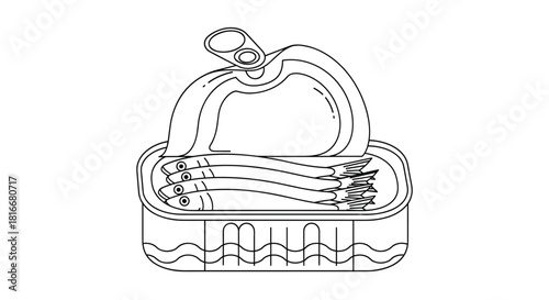 Open tin of sardines in a black and white line art illustration showing the preserved fish neatly packed inside the metal can.