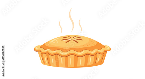 Hot and fresh baked apple or pumpkin pie with a golden-brown crust and steam rising isolated on a clean white background.