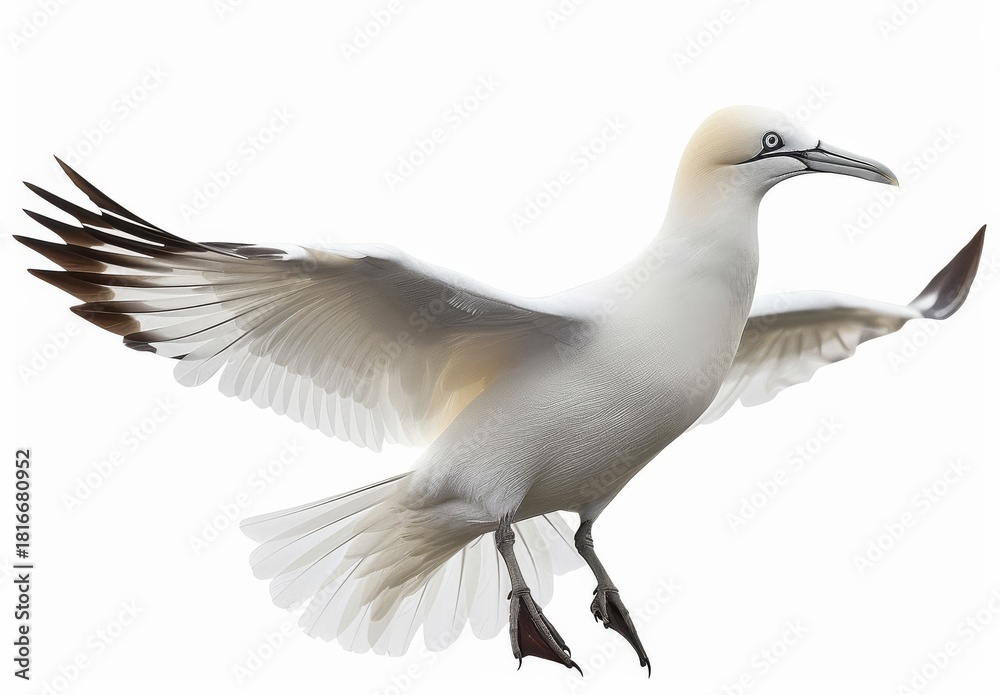 Obraz premium Northern Gannet in Flight Isolated on White Background Close Up Bird Spreading Wings Beautiful Plumage Birdwatching Wildlife Ornithology