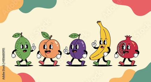 Row of five walking retro cartoon fruit characters including a lime peach plum banana and pomegranate on a colorful background.