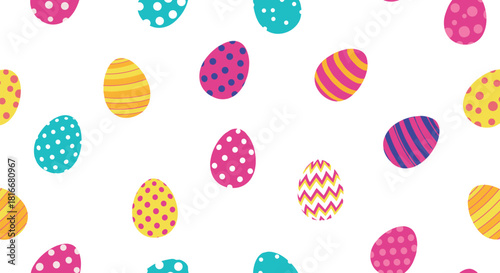 Seamless Easter pattern of colorful decorated eggs with stripes dots and zigzags scattered on a simple plain white background.