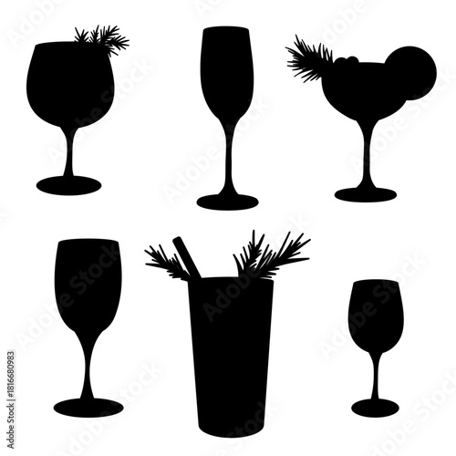 Alcoholic Drinks Silhouette Vector Set – Wine, Champagne, Margarita, Mulled Wine, Glühwein, Grog, Cocktail Silhouette Clipart for Christmas, New Year, Holiday Bar Menu	
