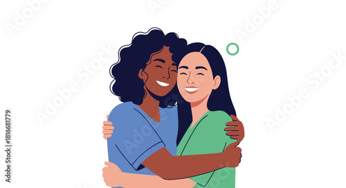 Two happy and diverse young women are smiling and hugging each other warmly showing friendship support and sisterhood in this drawing.
