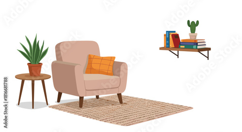 Cozy reading corner interior with a comfortable armchair a side table with a plant and a bookshelf with a cactus decoration.