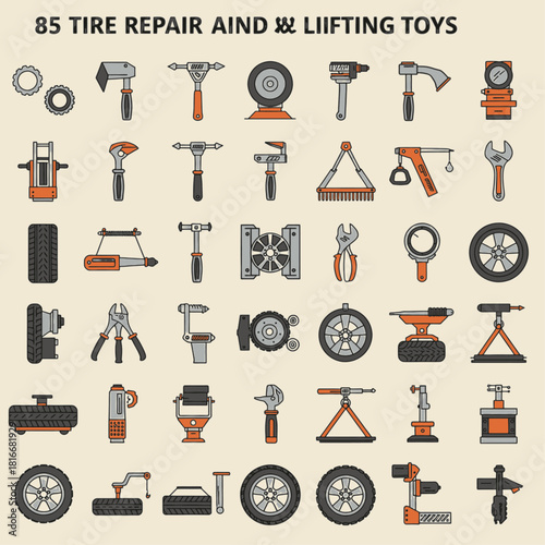 Detailed illustration of numerous tire repair and lifting equipment icons for automotive maintenance.