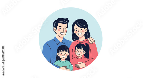 Happy and smiling Asian family of four with a mother father and two daughters is shown together in a circular portrait frame.